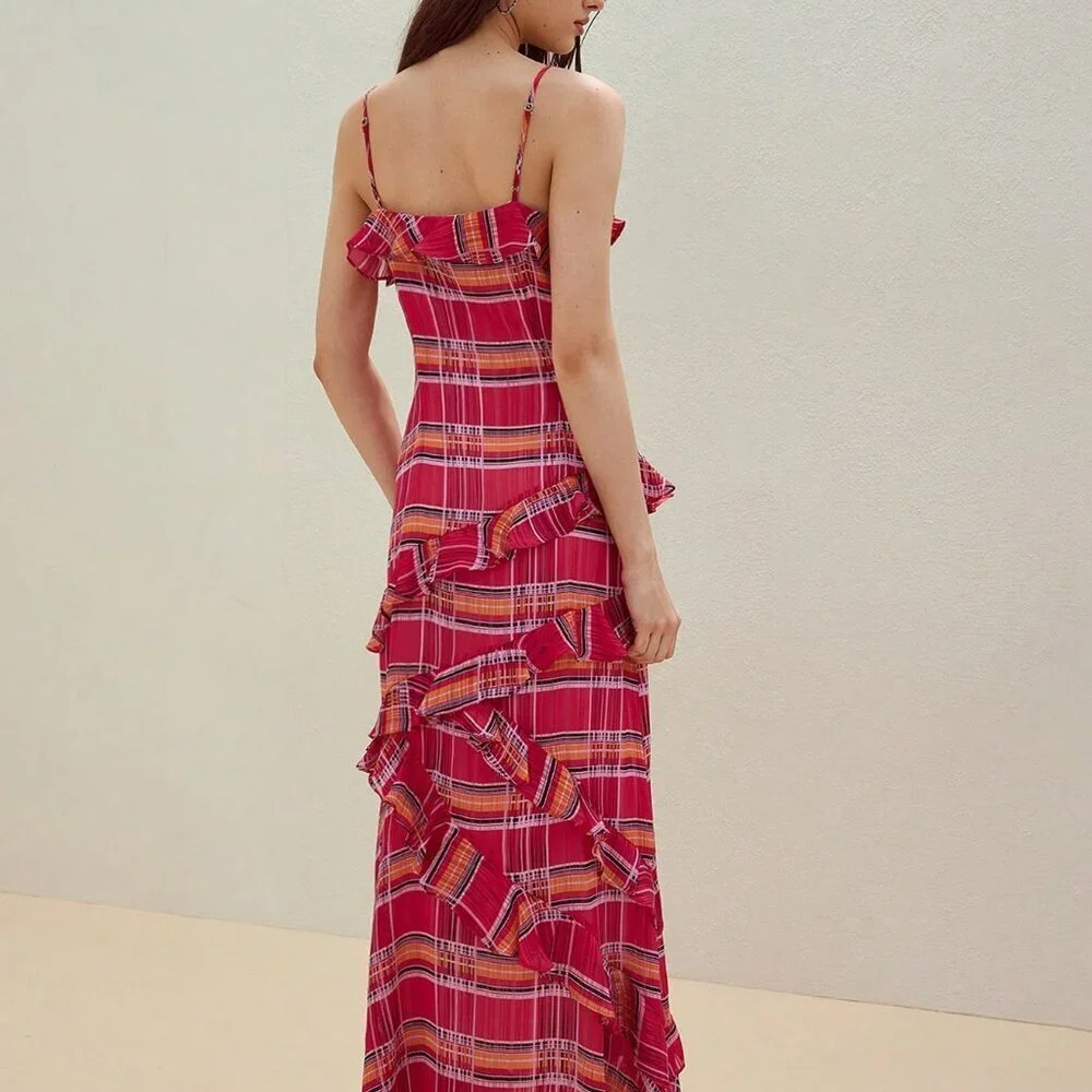 Red Boho Women's Plaid Ruffle Trim Cami Dress - Picture 2 of 7